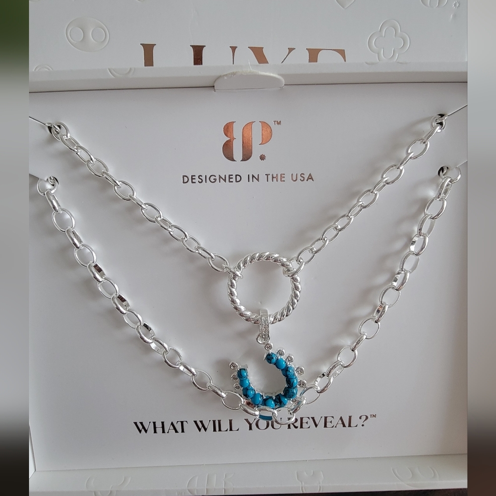 LUXE 2026 Silver-Tone Double Chain Necklace with Blue Turquoise Horseshoe Charm